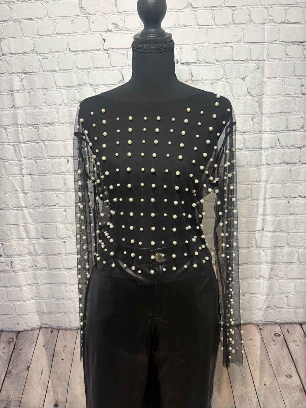 Black Pearl-Embellished Sheer Long-Sleeve Top
